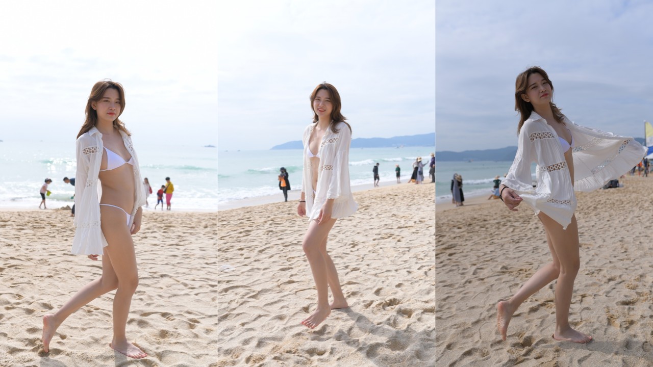 红石旅拍作品 第四篇：海边的白色比基尼长腿女孩